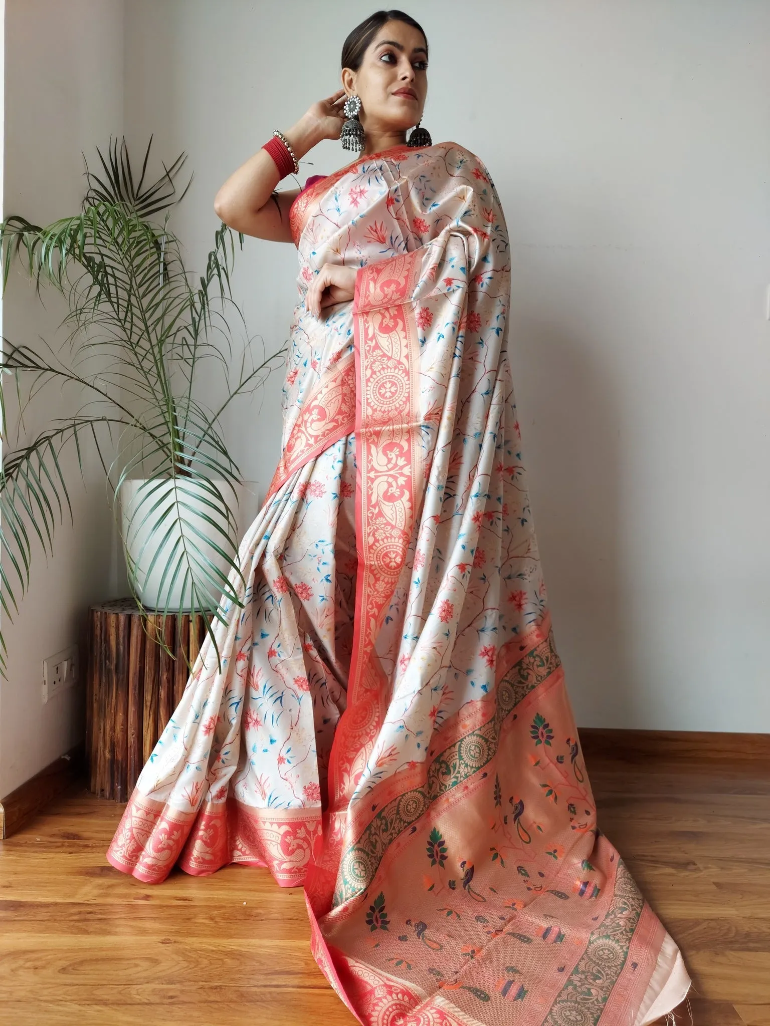 Flower Blue Saree with Floral Printed Paithani Silk