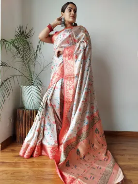 Flower Blue Saree with Floral Printed Paithani Silk