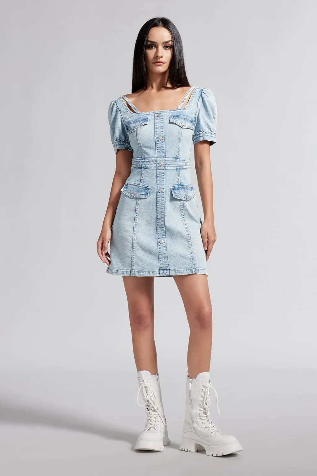 French Style-Square Neck Denim Dress