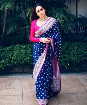 Fugacious Blue Soft Banarasi Silk Saree With Gorgeous Blouse Piece