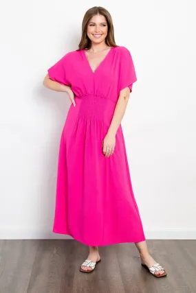 Full Size Shirred Front Short Sleeve Maxi Dress