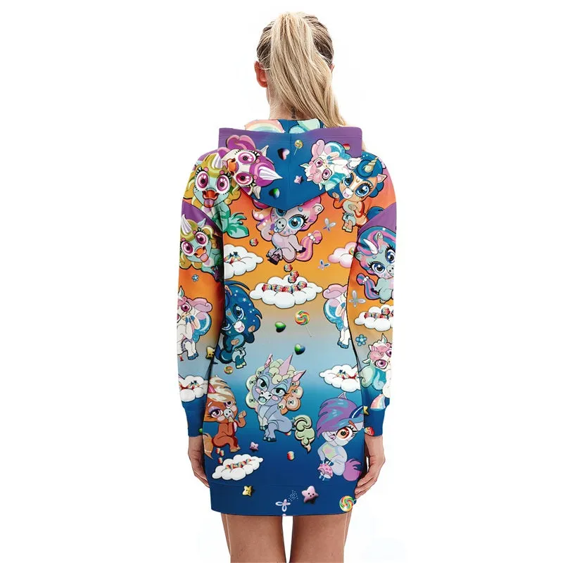 Funny Pullover Unicorn Print Pocket Hoodie Dress