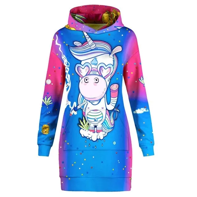 Funny Pullover Unicorn Print Pocket Hoodie Dress