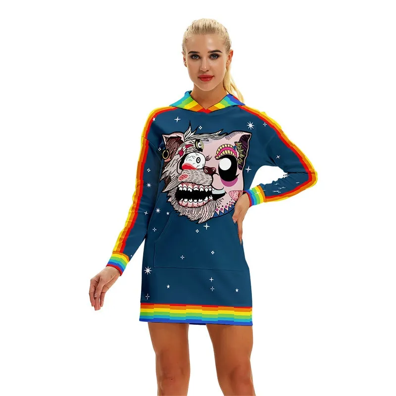 Funny Pullover Unicorn Print Pocket Hoodie Dress