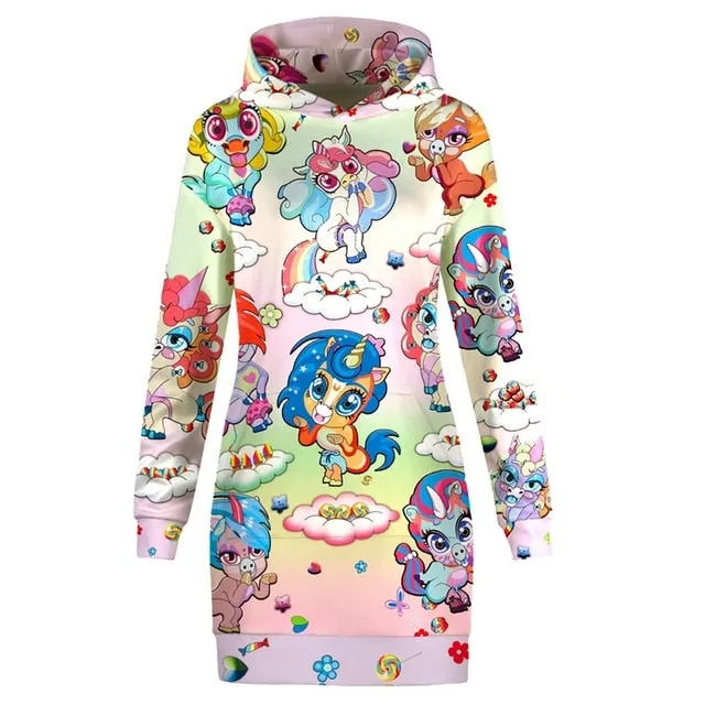 Funny Pullover Unicorn Print Pocket Hoodie Dress