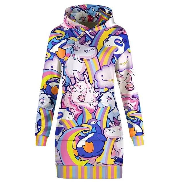 Funny Pullover Unicorn Print Pocket Hoodie Dress