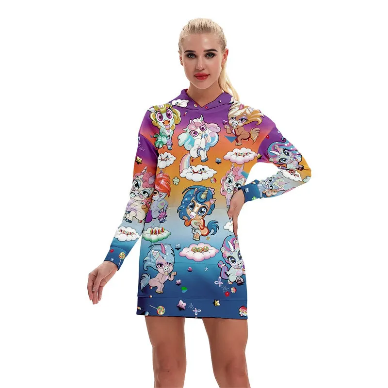 Funny Pullover Unicorn Print Pocket Hoodie Dress