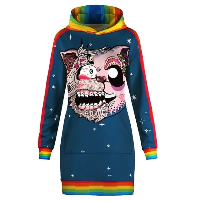 Funny Pullover Unicorn Print Pocket Hoodie Dress