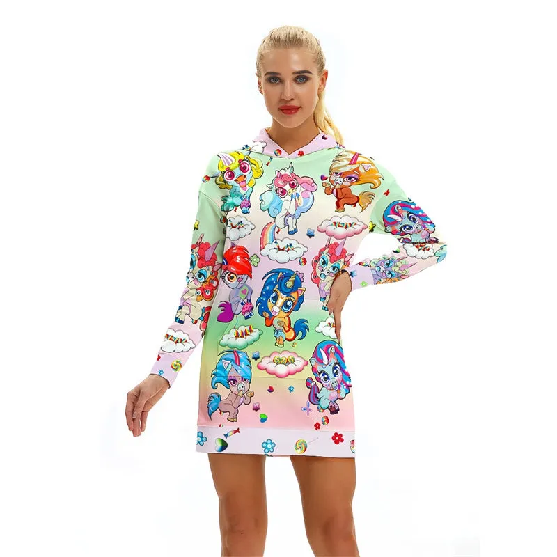 Funny Pullover Unicorn Print Pocket Hoodie Dress