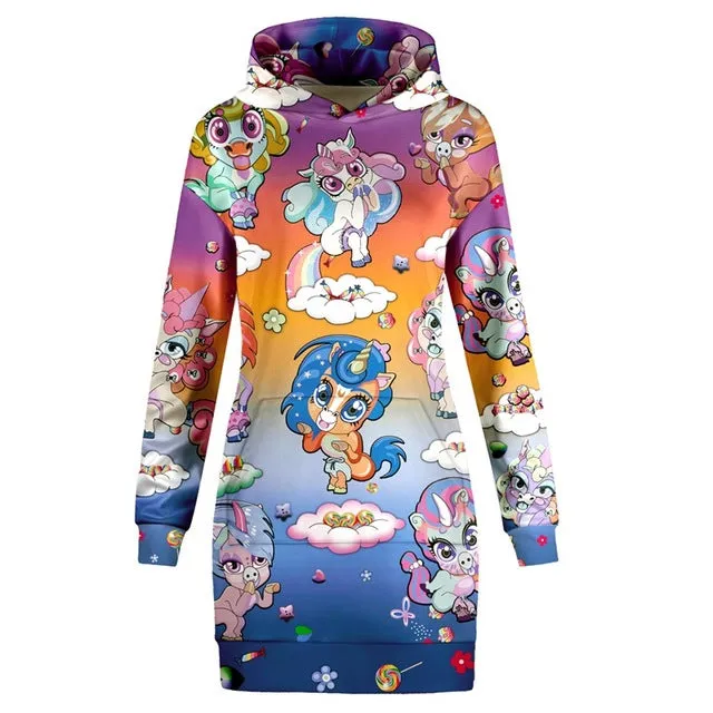 Funny Pullover Unicorn Print Pocket Hoodie Dress