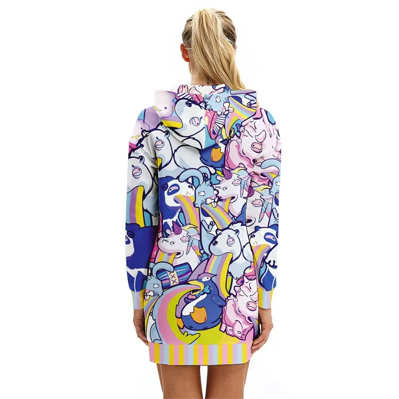 Funny Pullover Unicorn Print Pocket Hoodie Dress