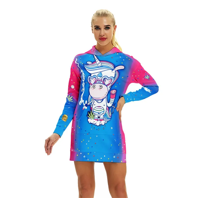 Funny Pullover Unicorn Print Pocket Hoodie Dress