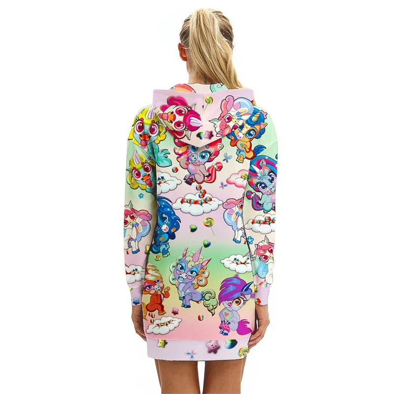 Funny Pullover Unicorn Print Pocket Hoodie Dress