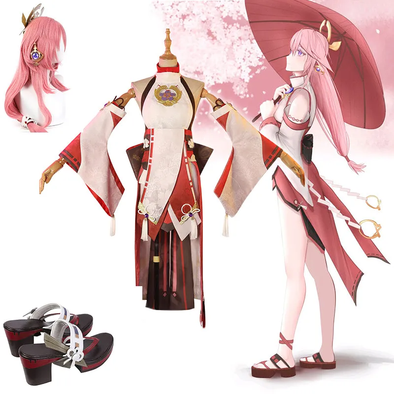 Genshin Impact Yae Miko Cosplay Costume Yae Miko Wig Shoes Anime Game Pink Uniform