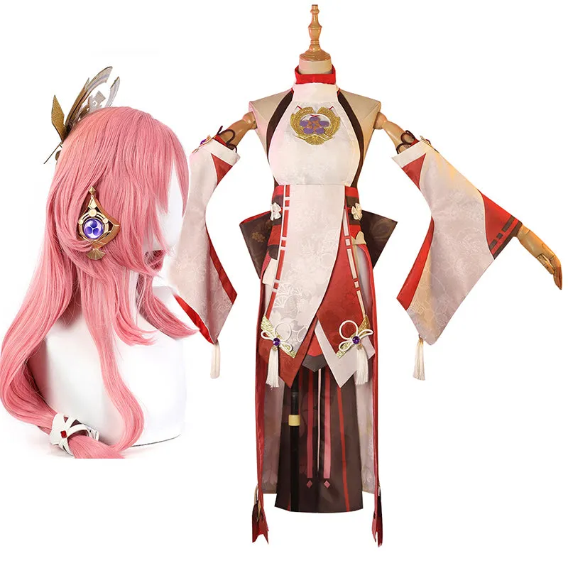 Genshin Impact Yae Miko Cosplay Costume Yae Miko Wig Shoes Anime Game Pink Uniform