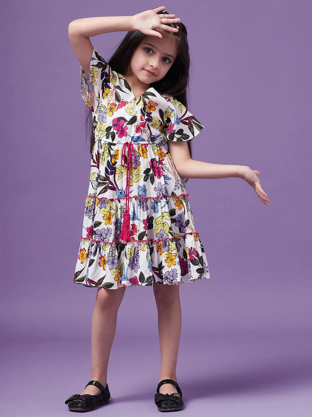 Girls Floral Printed V-Neck Wrap Tiered Dress - Ps Peaches