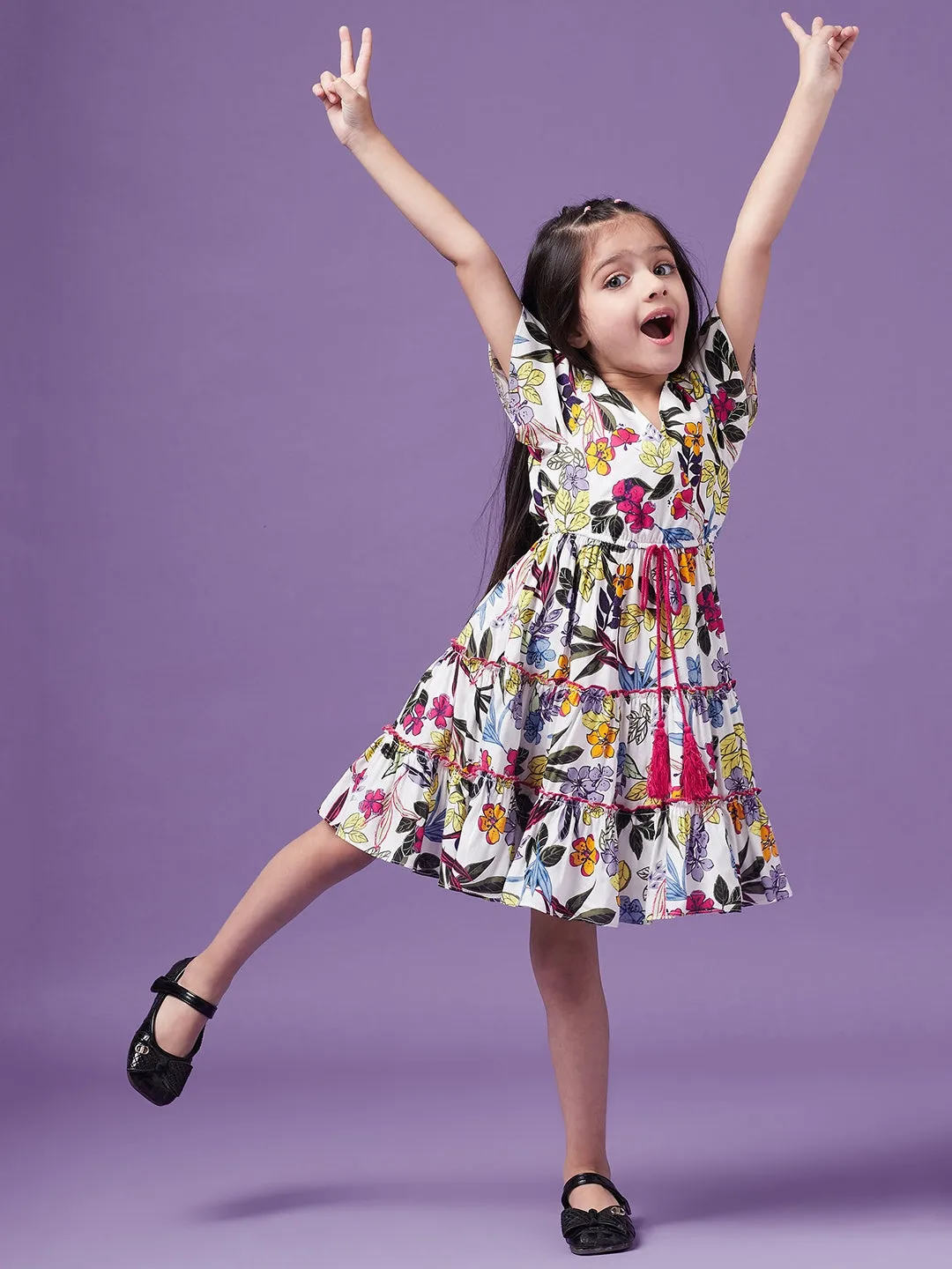 Girls Floral Printed V-Neck Wrap Tiered Dress - Ps Peaches