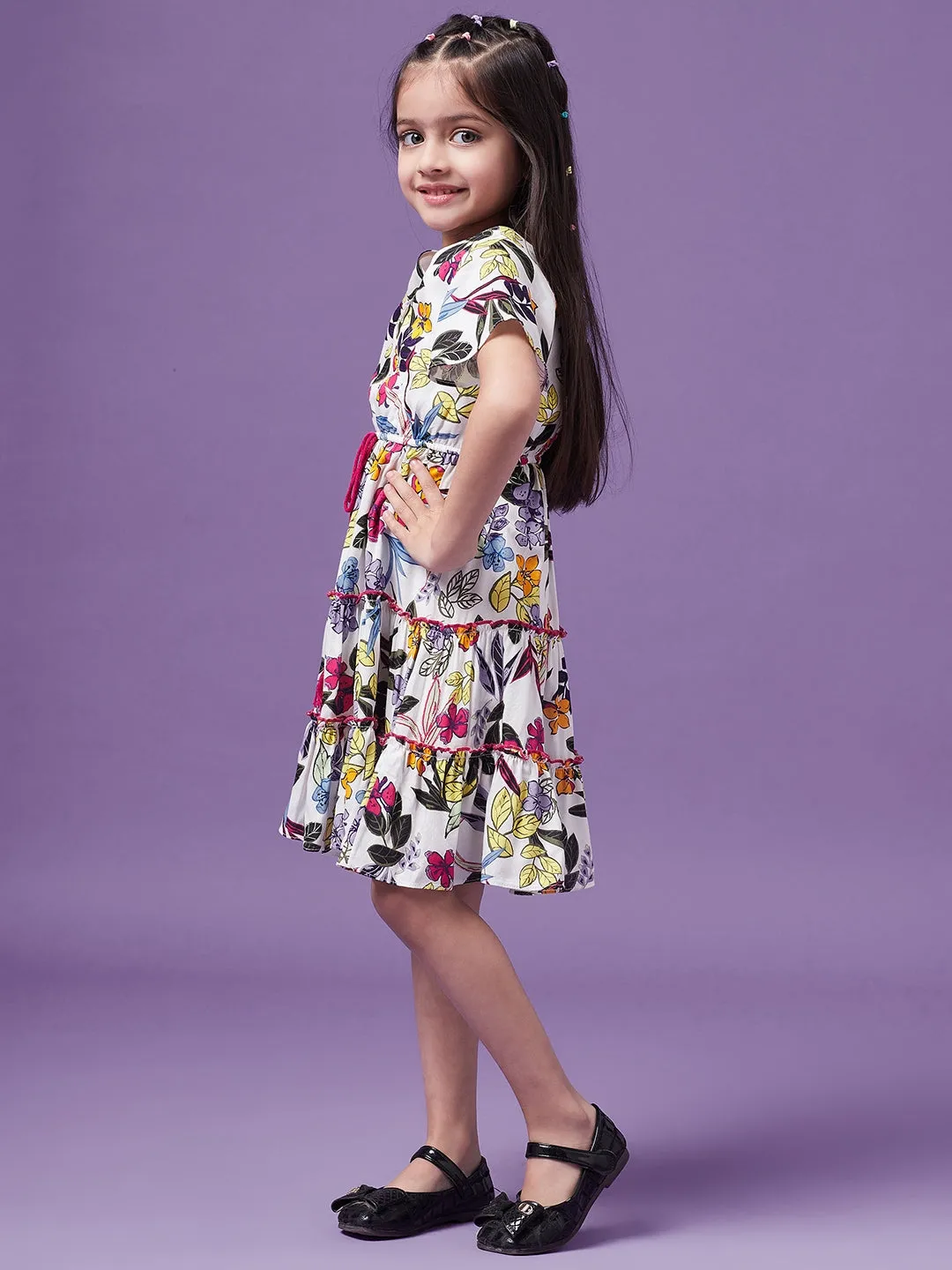 Girls Floral Printed V-Neck Wrap Tiered Dress - Ps Peaches