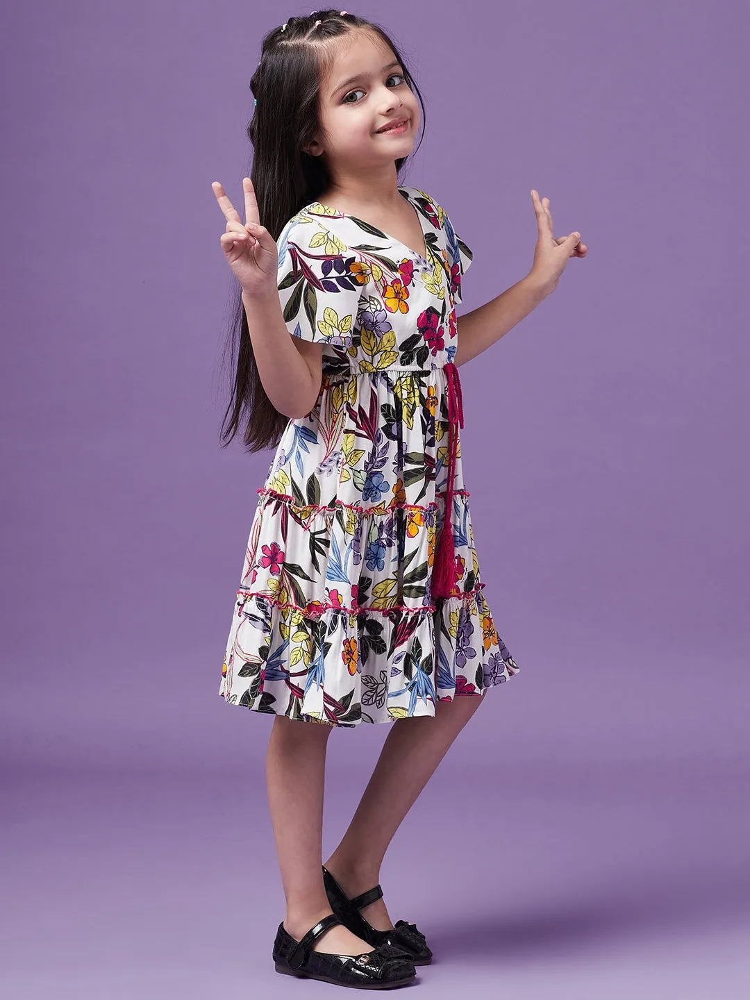 Girls Floral Printed V-Neck Wrap Tiered Dress - Ps Peaches