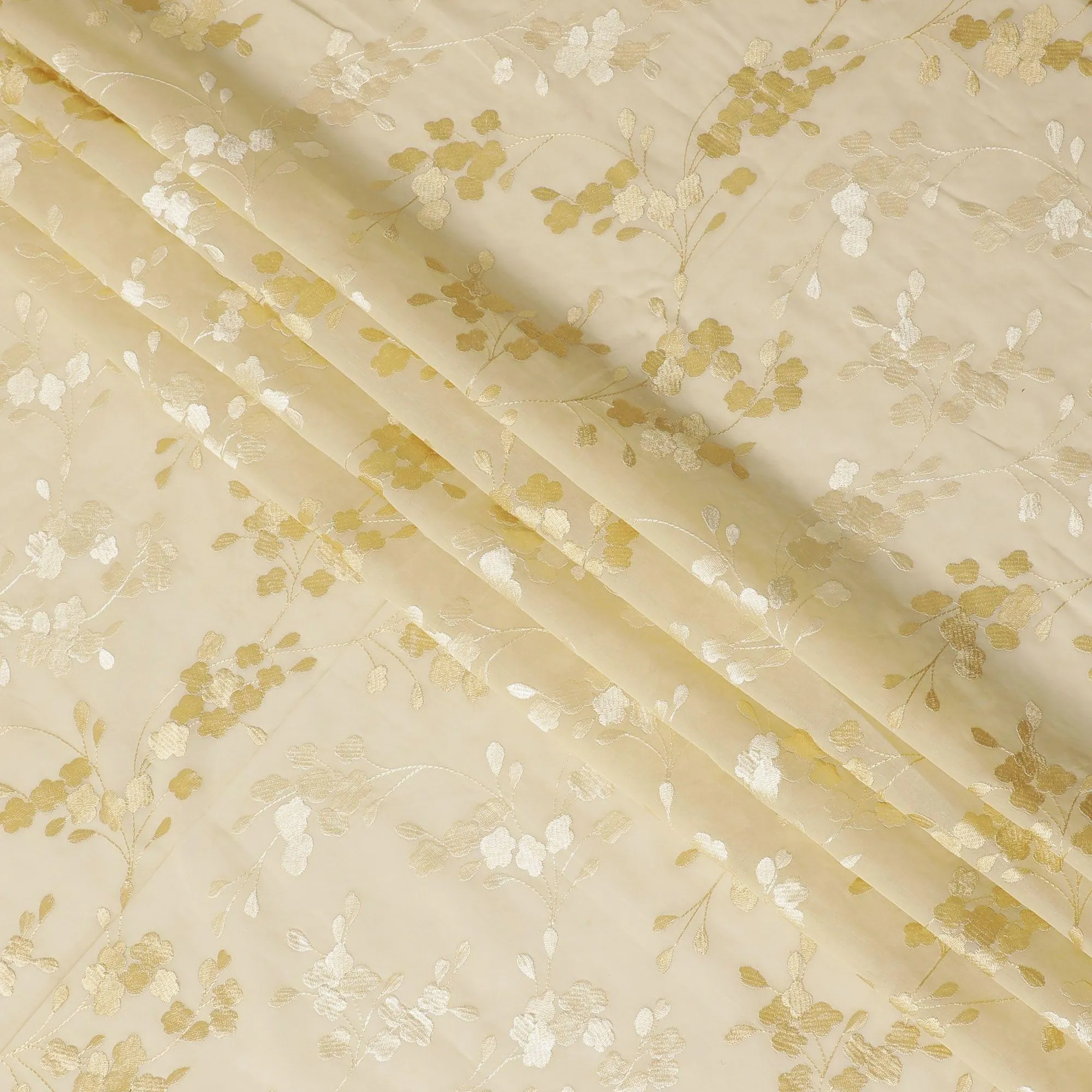 Gold premium pure cotton voile fabric with same tone and beige embroidery in floral design-D13632