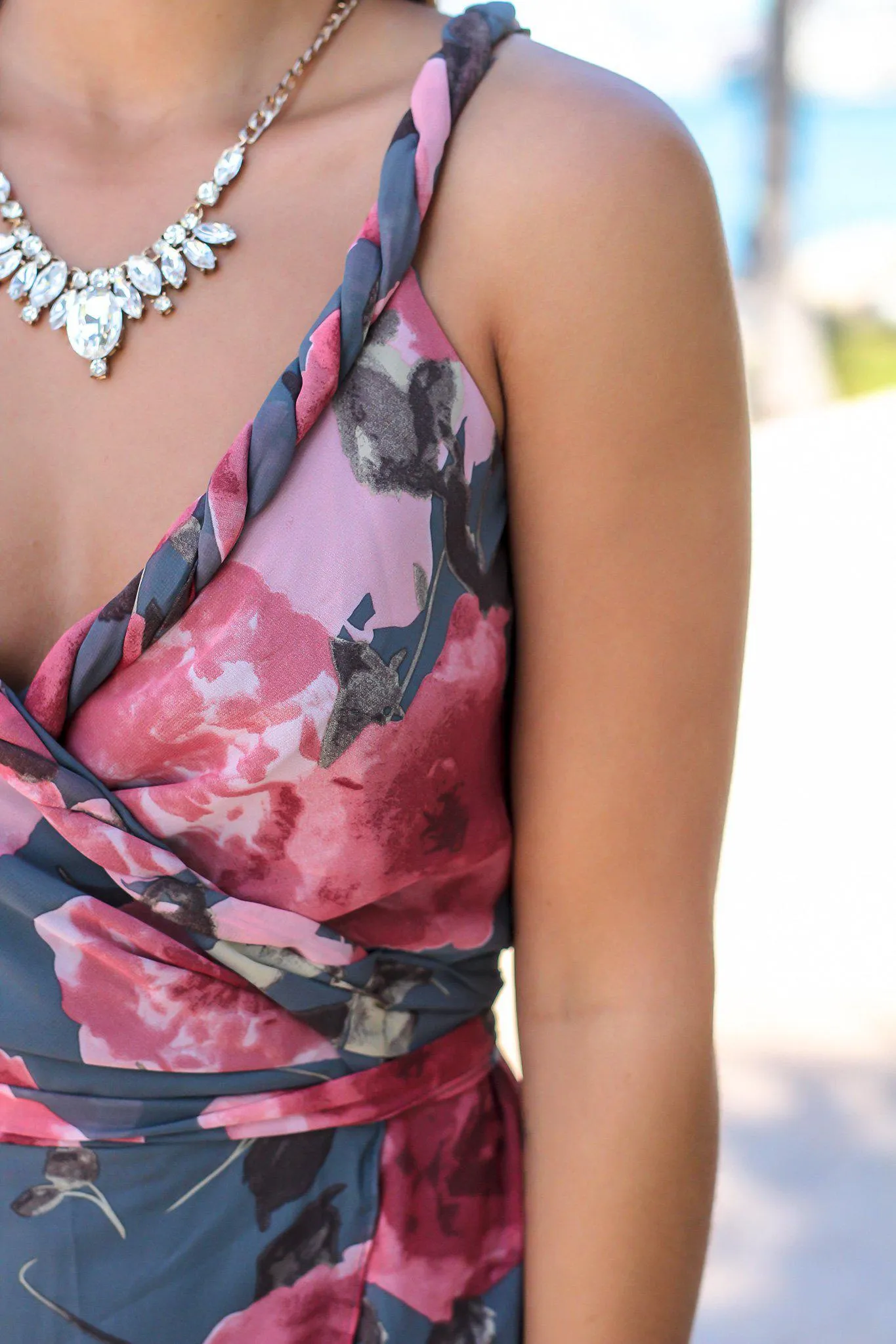 Gray and Pink Floral Wrap Dress