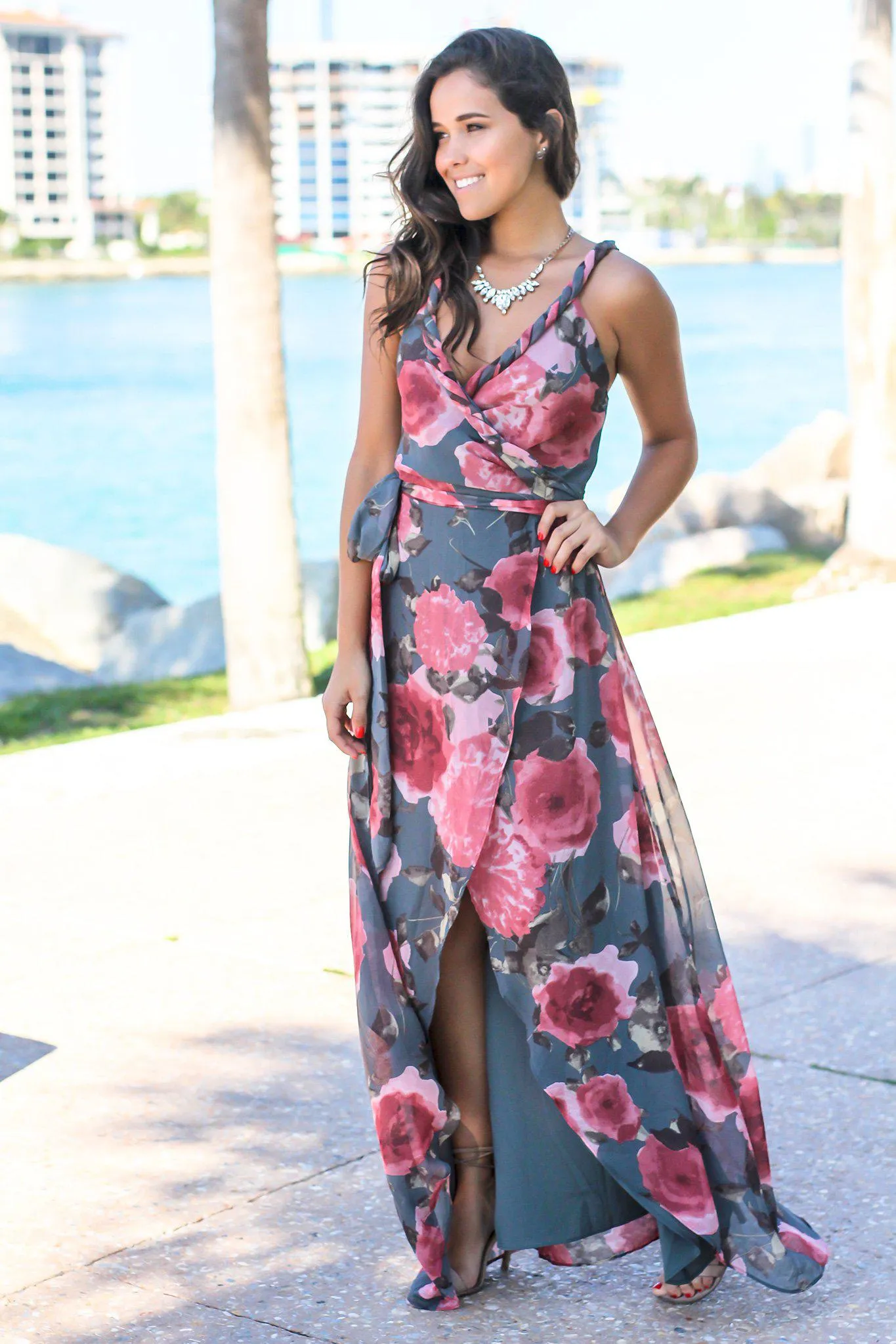 Gray and Pink Floral Wrap Dress