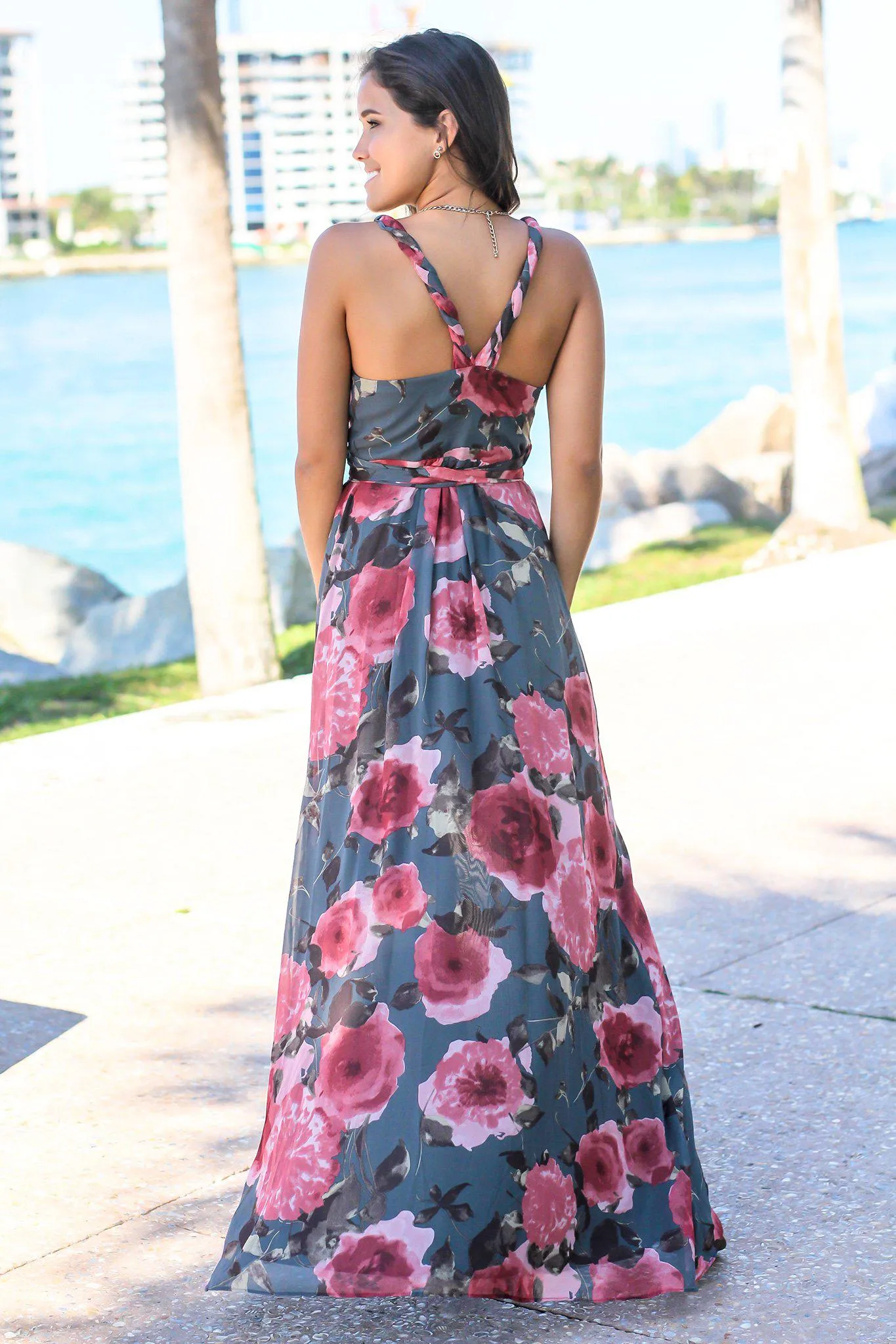 Gray and Pink Floral Wrap Dress