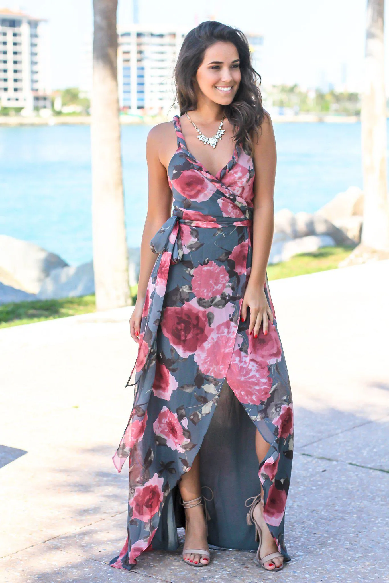 Gray and Pink Floral Wrap Dress