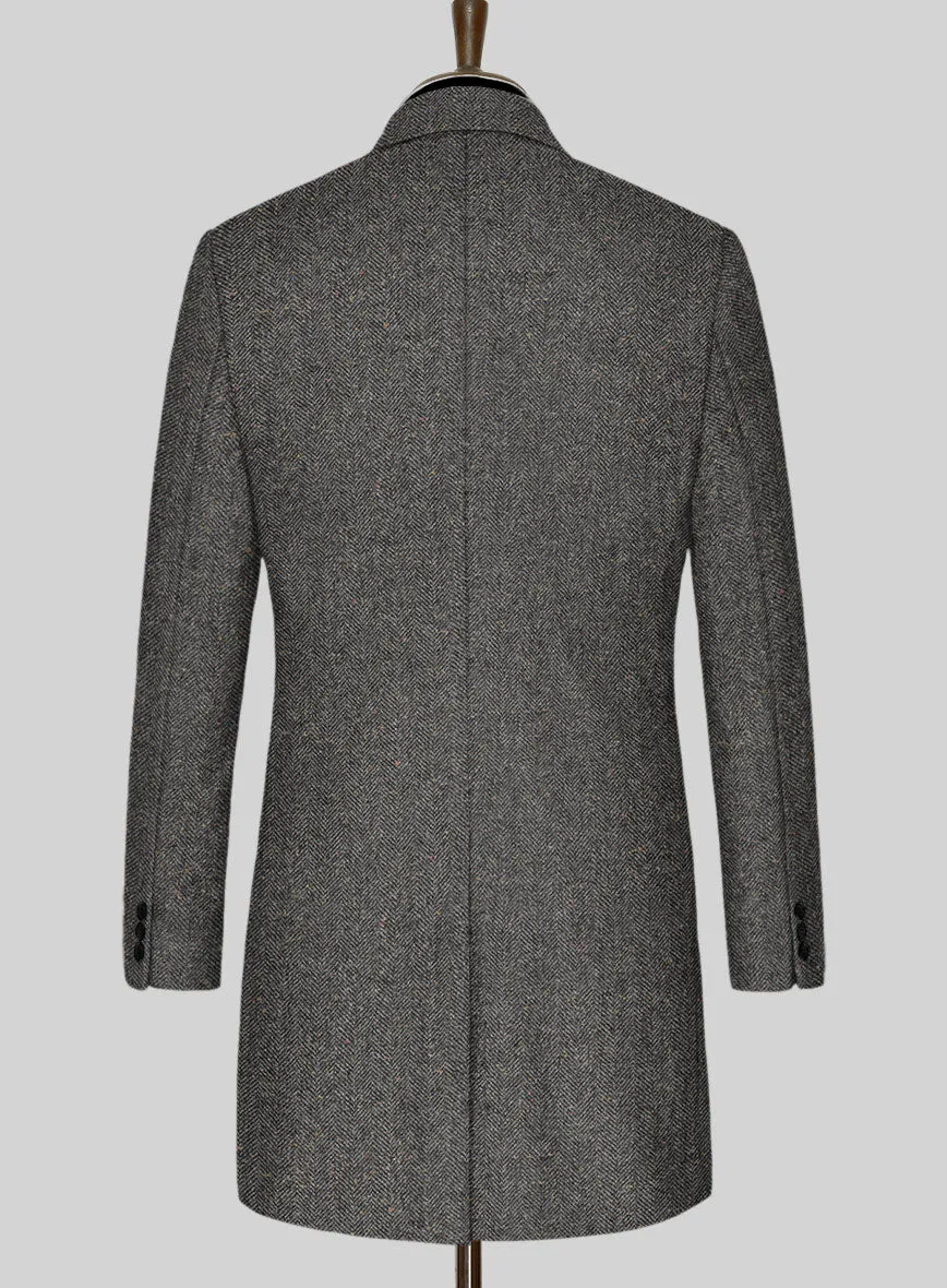 Gray Herringbone Flecks Donegal Tweed Overcoat