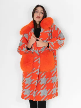 Gray Orange Patterned Fox Coat With Pockets And Collar