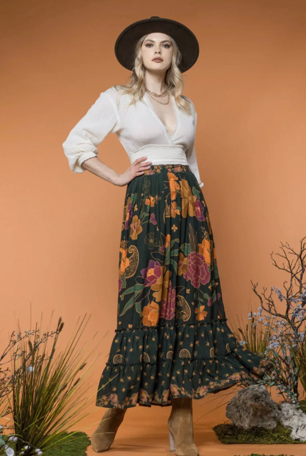 Green Floral Maxi Skirt