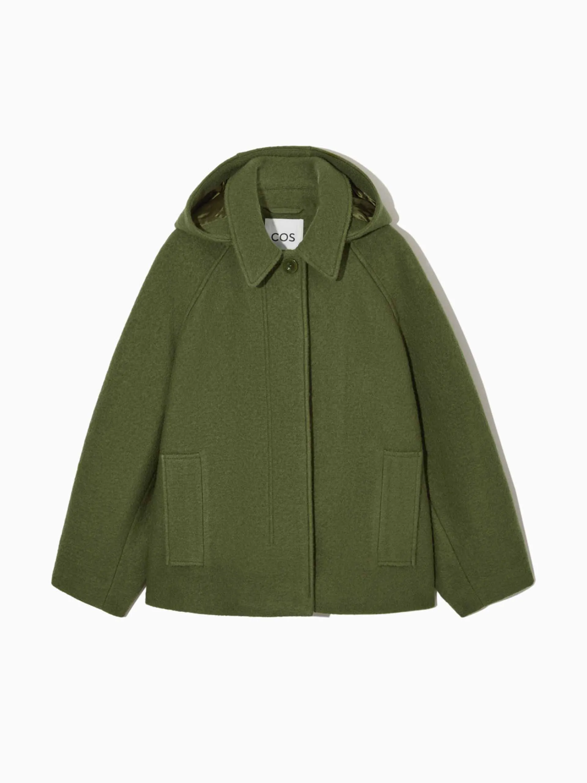 Green hooded boiled-wool coat