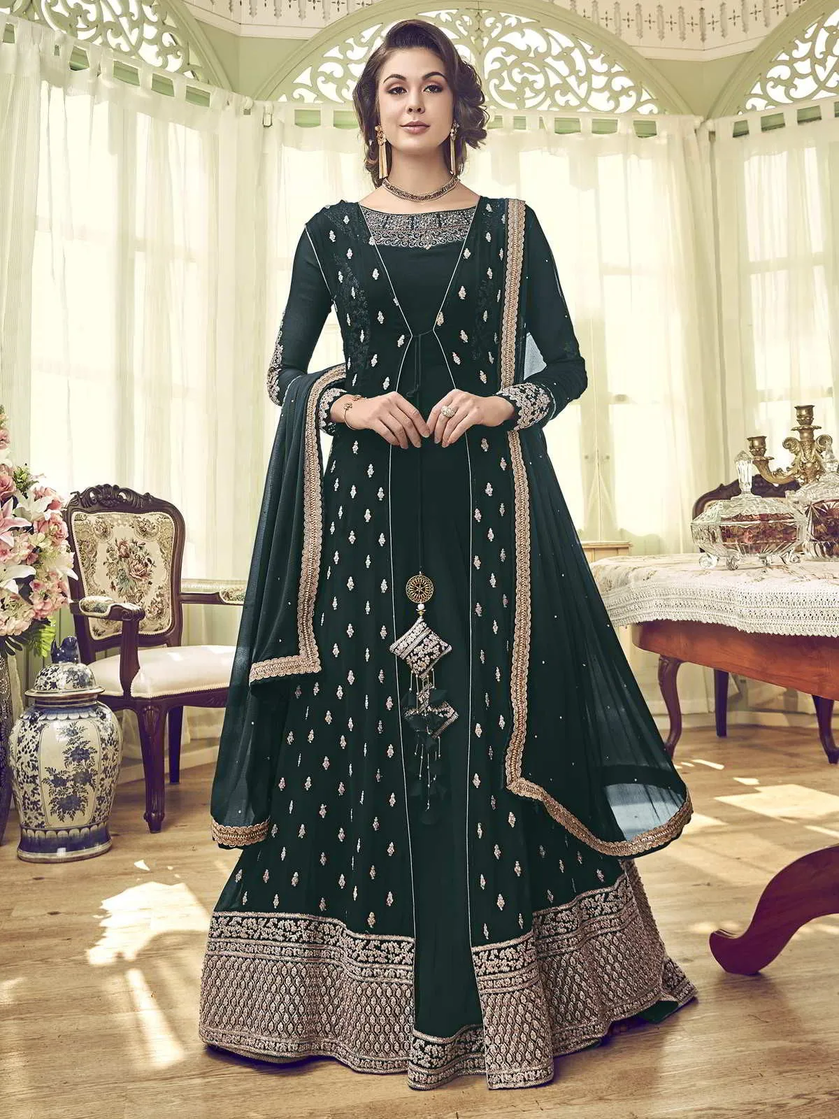 Green Overcoat Style Embroidered Anarkali Gown