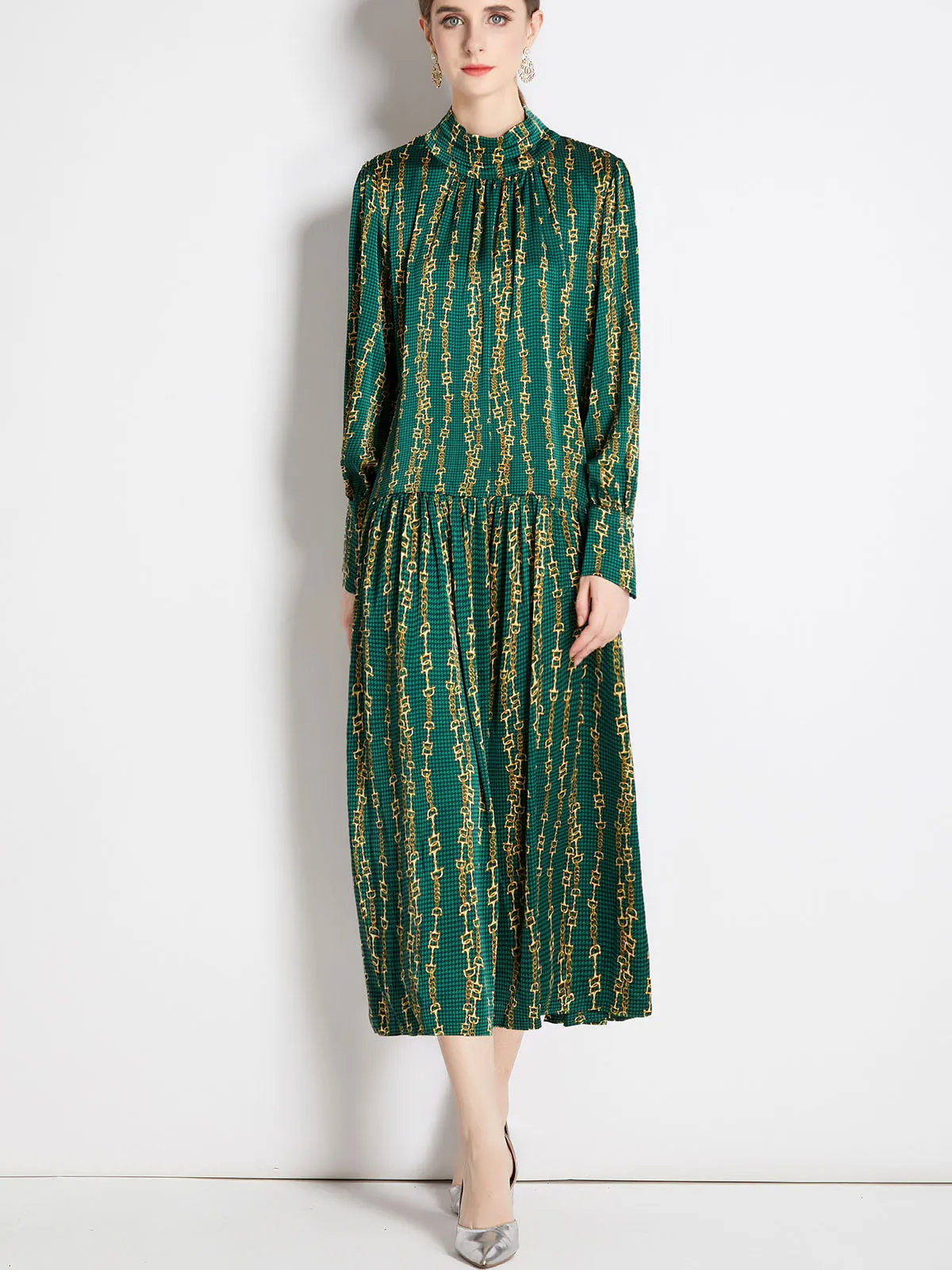 Green Stand Collar Long Sleeves Maxi Beach Boho Dress with Belt