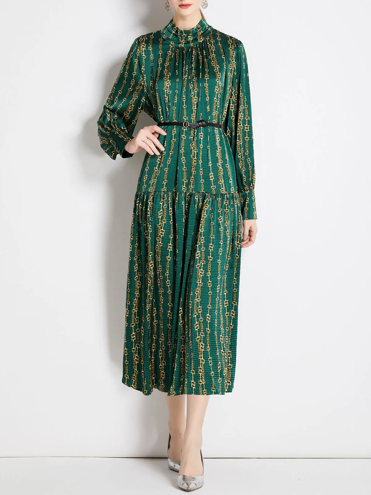 Green Stand Collar Long Sleeves Maxi Beach Boho Dress with Belt