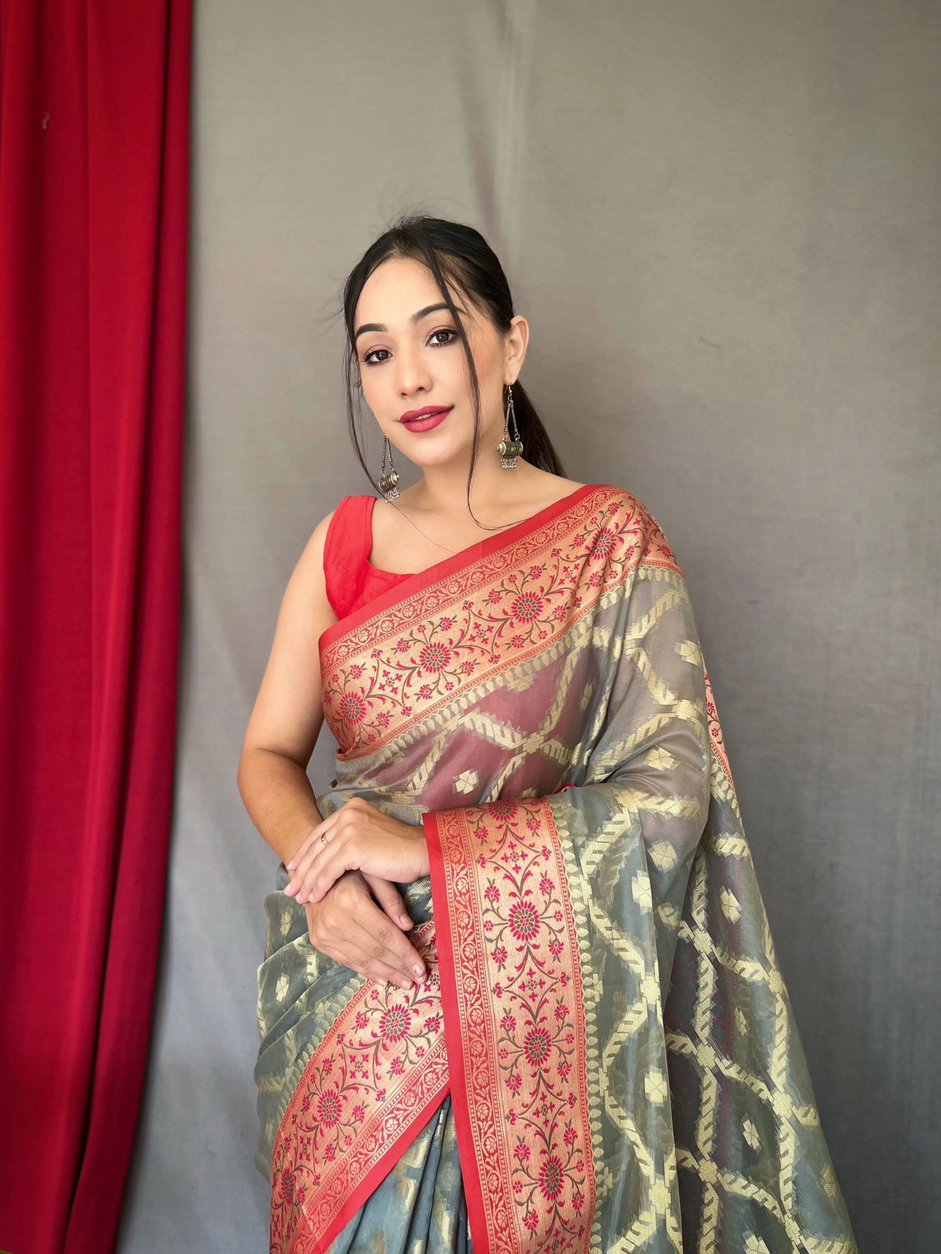 Grey Saree in Banarasi Organza Silk Woven