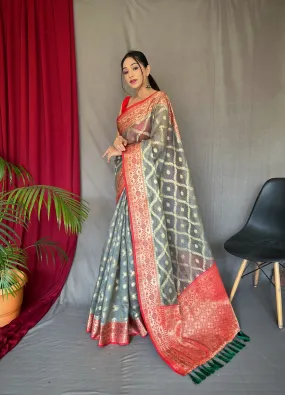 Grey Saree in Banarasi Organza Silk Woven