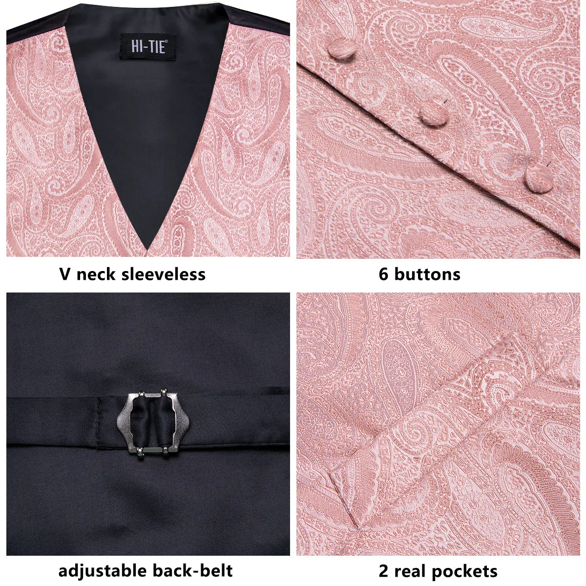 Hi-Tie Waistcoat Pink Paisley Silk Men's Vest Hanky Cufflinks Tie Set