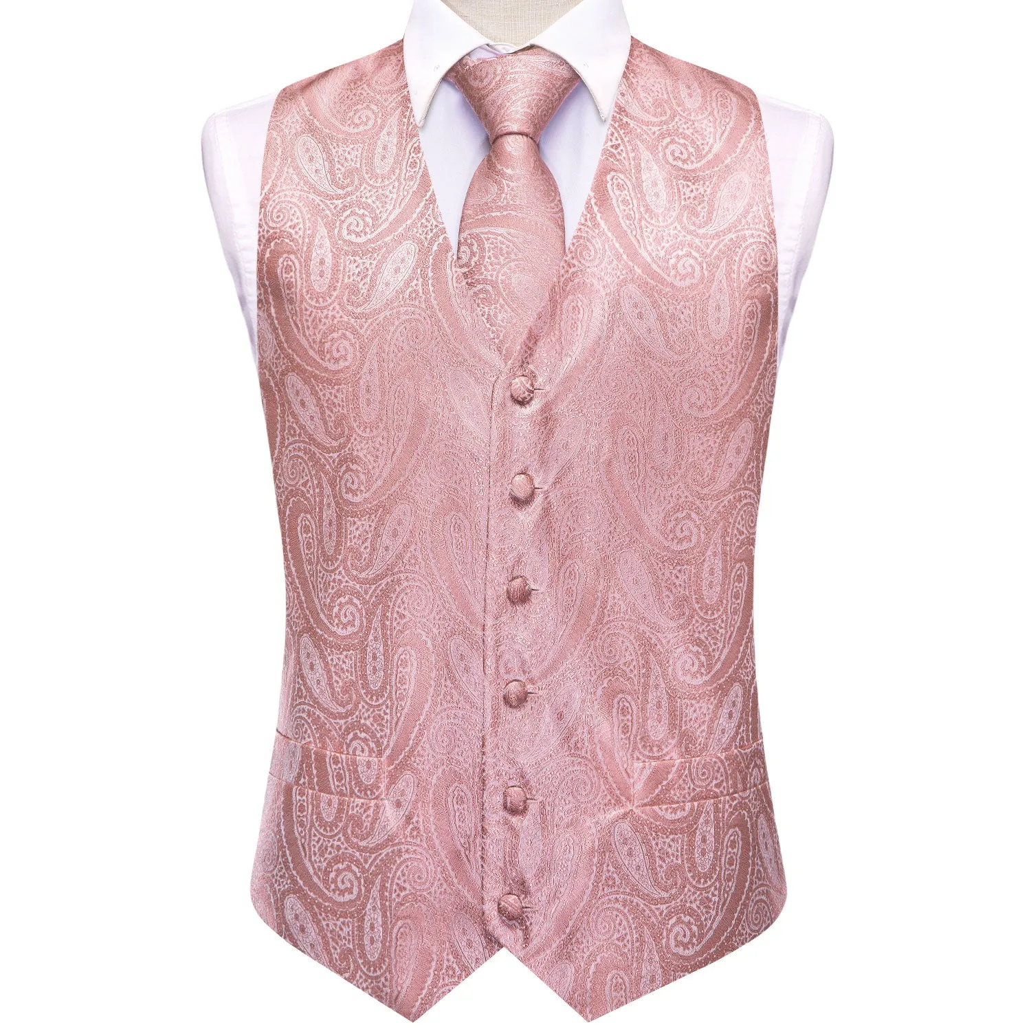 Hi-Tie Waistcoat Pink Paisley Silk Men's Vest Hanky Cufflinks Tie Set