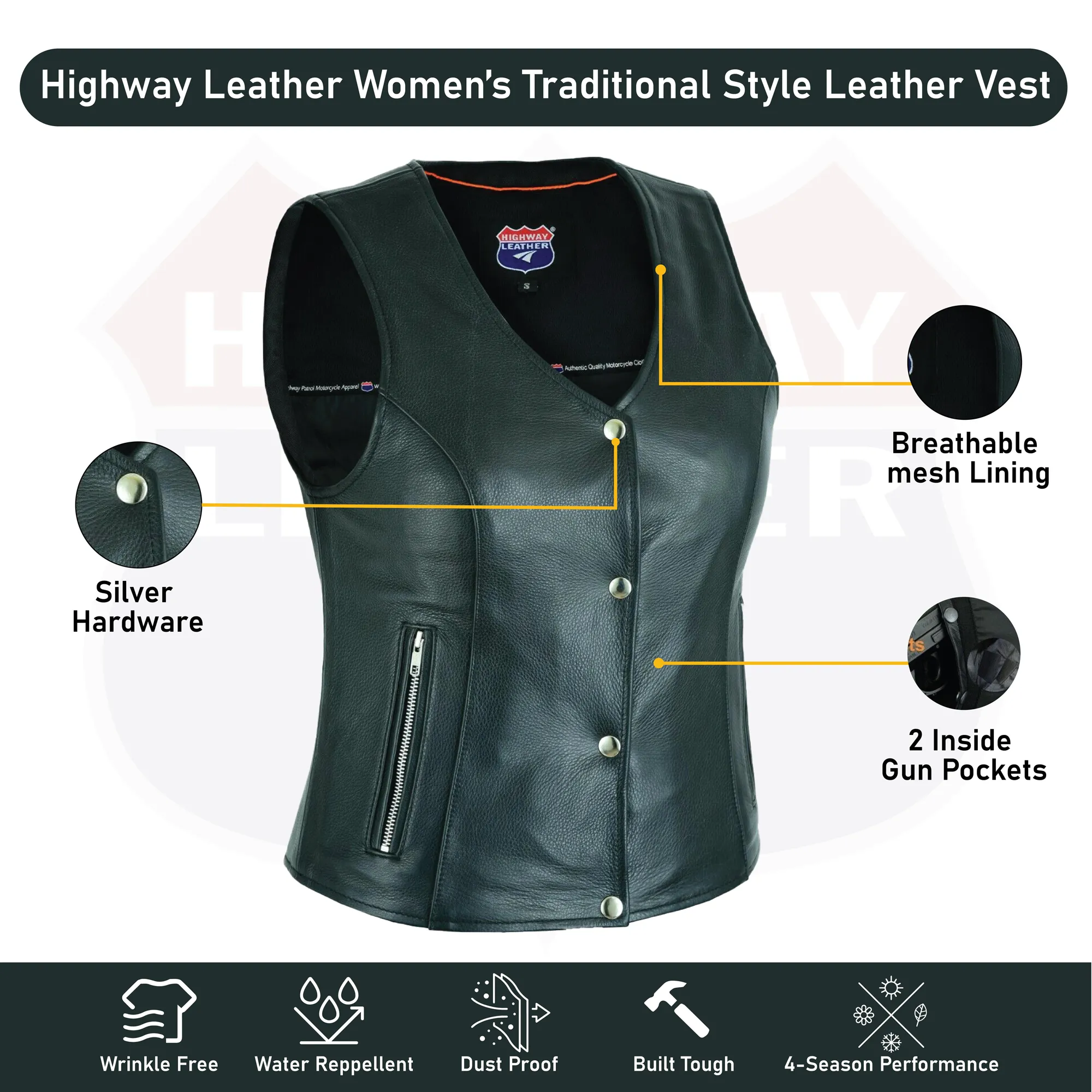 HL14850SPT Plain Black Womens Motorcycle Vest | Motorcycle Vest for Ladies Basic Gun Pocket