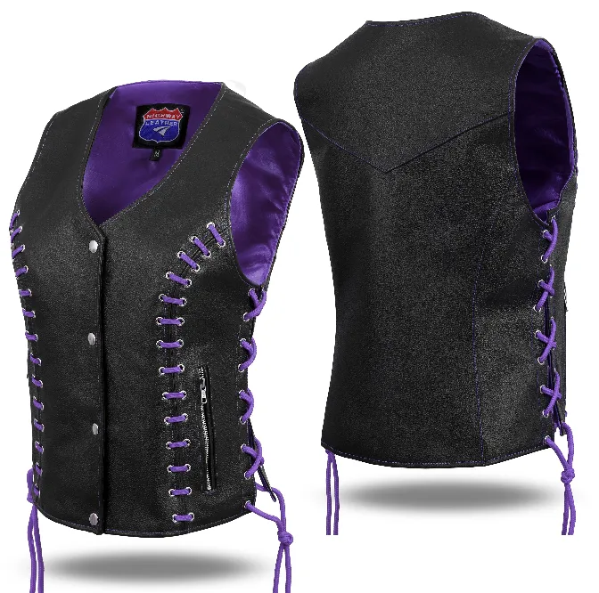 HL14859PURPLEEYELET WOMEN SIDE LACE VEST  M/O BUFFALO LEATHER BLK