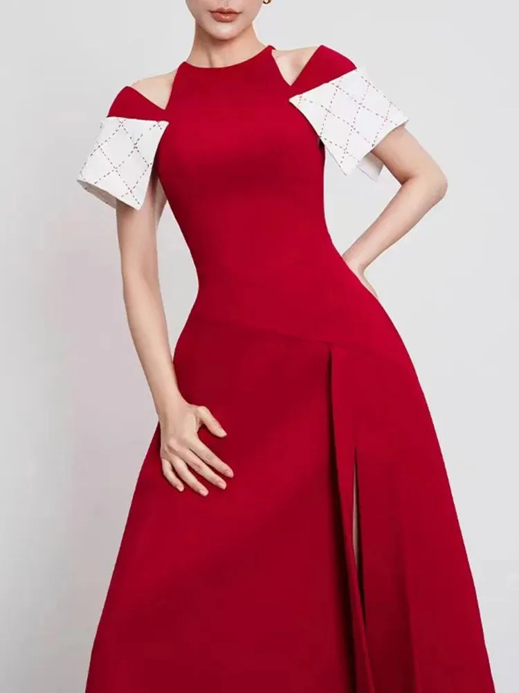 Hollow Out Hit Color Elegant Dresses For Women Round Neck Off The Shoulder Sleeve High Waist Temperament Long Dress Female