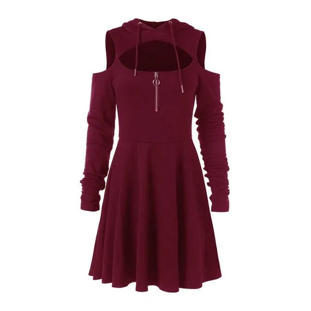 Hoodie Dress Goth Sexy Pleated Hollow Off Shoulder Mini Dresses