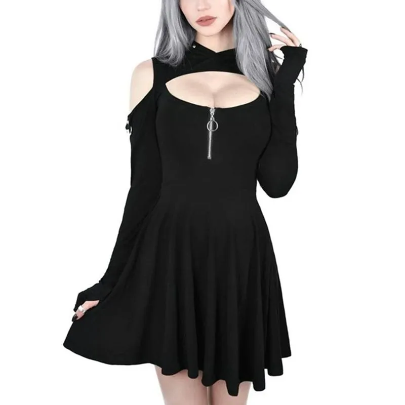 Hoodie Dress Goth Sexy Pleated Hollow Off Shoulder Mini Dresses