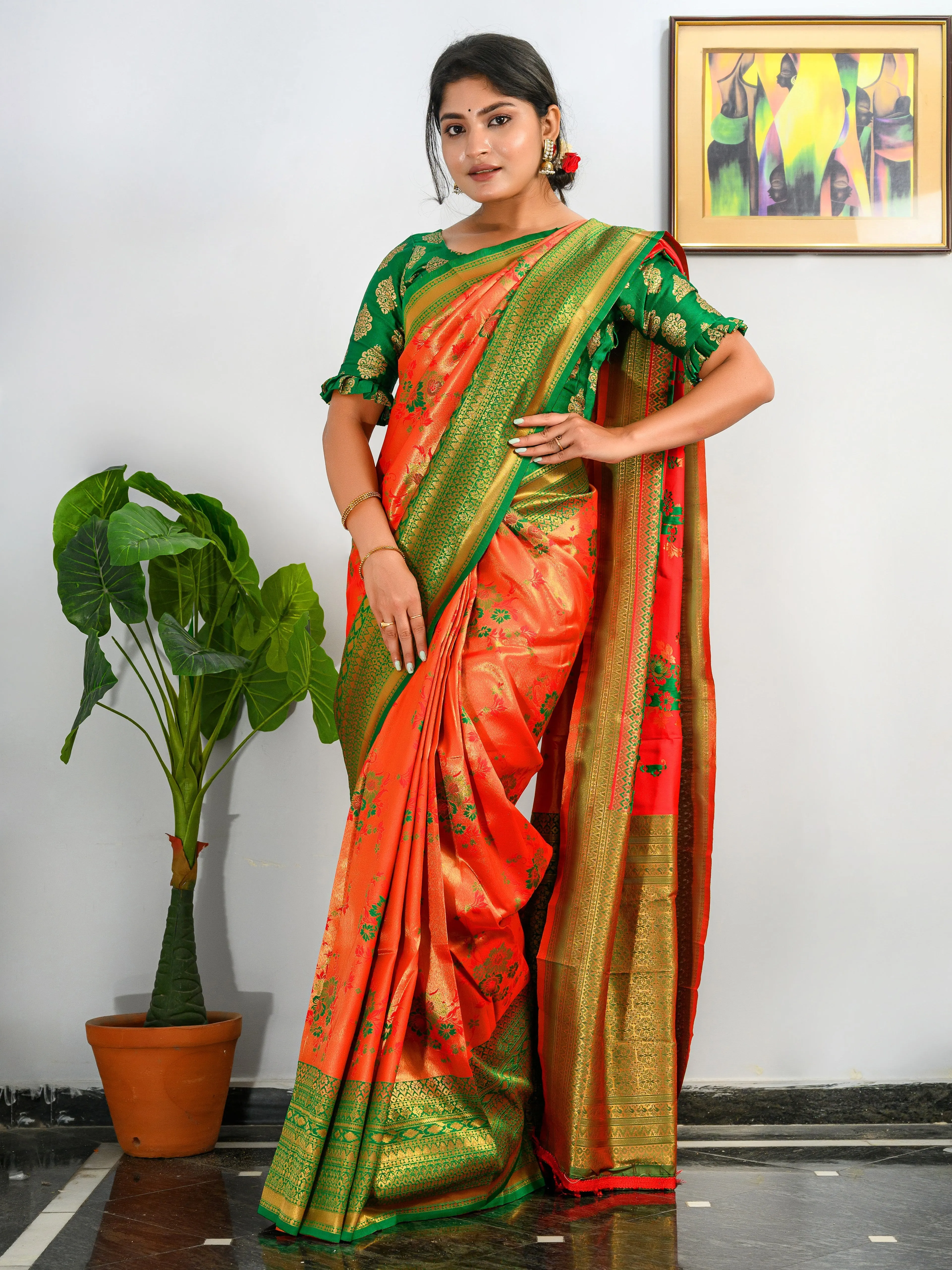 International Orange Saree in Pure Kanjeevaram Silk