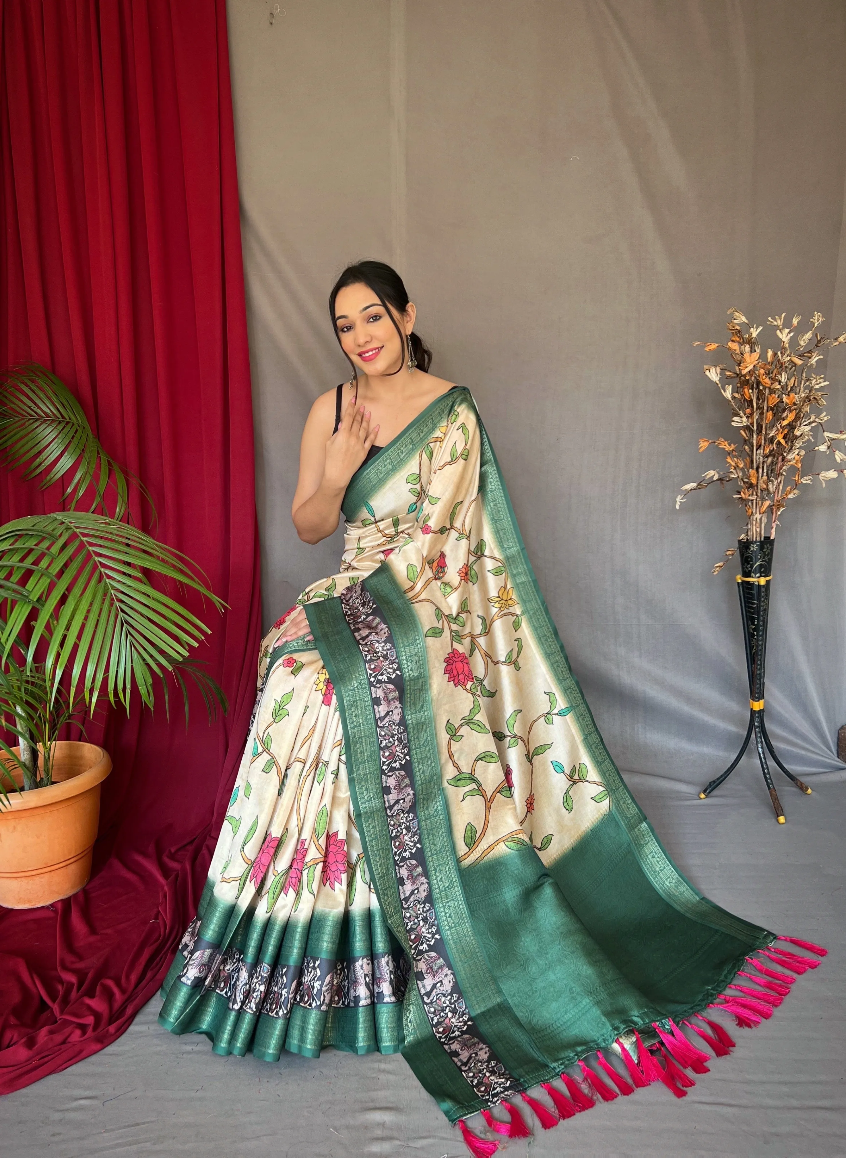 Ivory Saree in Banarasi Silk Contrast Woven with Kalamkari Prints