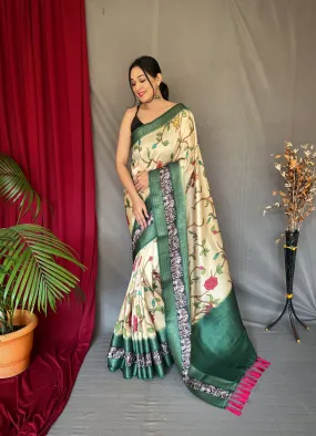 Ivory Saree in Banarasi Silk Contrast Woven with Kalamkari Prints