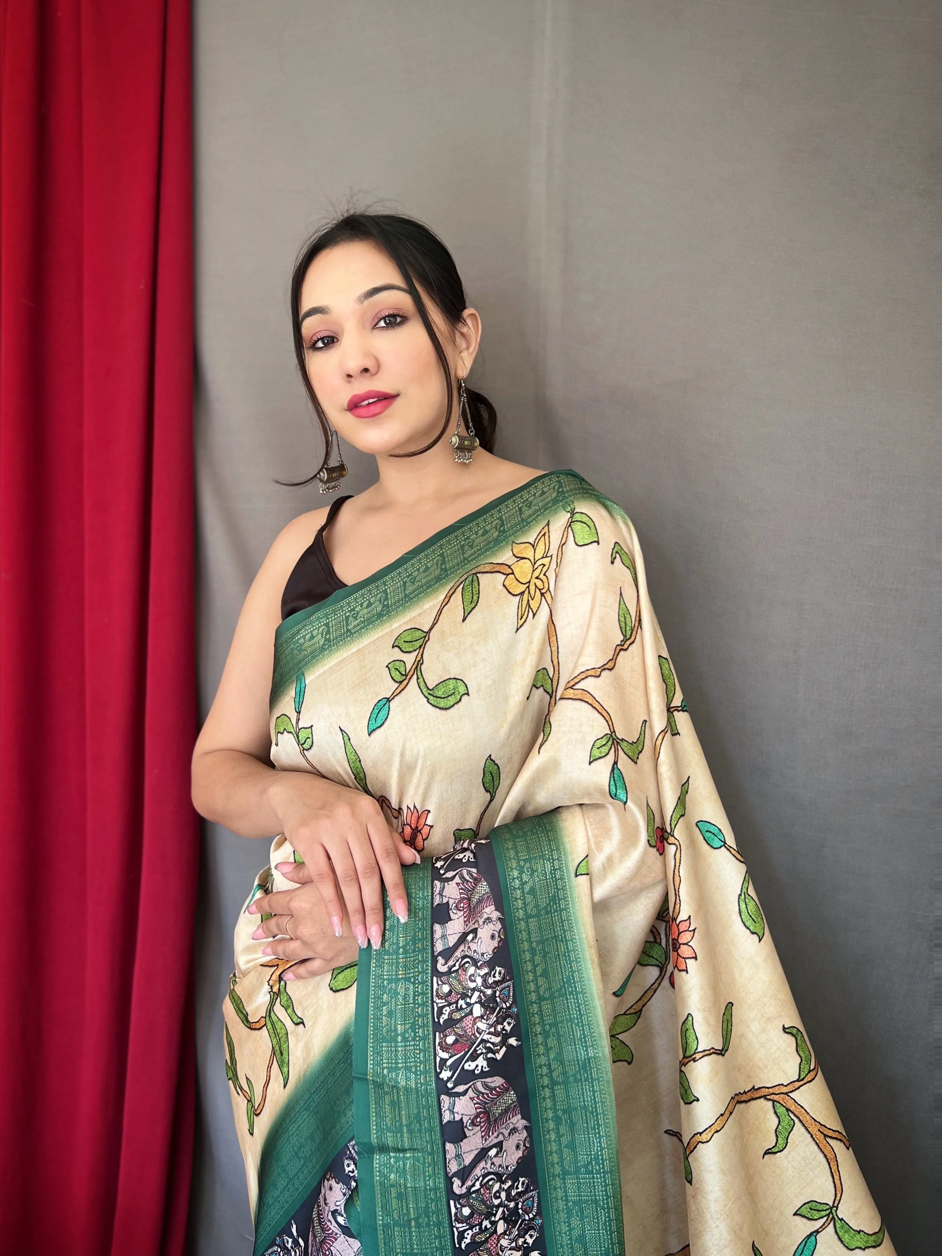 Ivory Saree in Banarasi Silk Contrast Woven with Kalamkari Prints