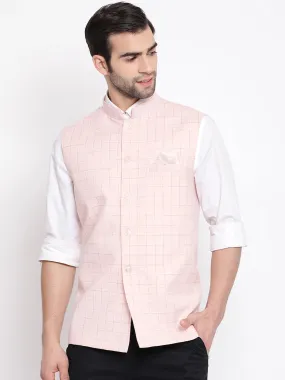 Jashvi Men's Pink Checkered Classic Linen Nehru Jacket