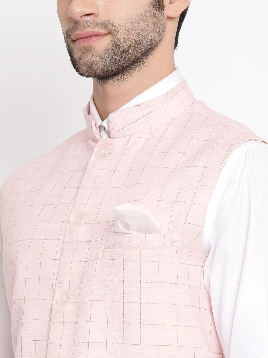 Jashvi Men's Pink Checkered Classic Linen Nehru Jacket